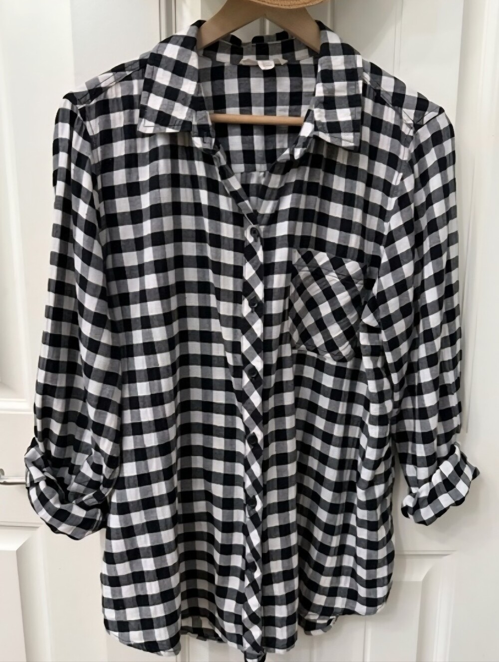 Beachlunchlounge Gingham Plaid Black White Shirt Cotton Button Up Women's XL EUC